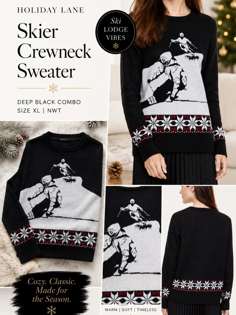 Holiday Lane Ski Scene Crewneck Sweater NWT XL Black Christmas Winter Knit